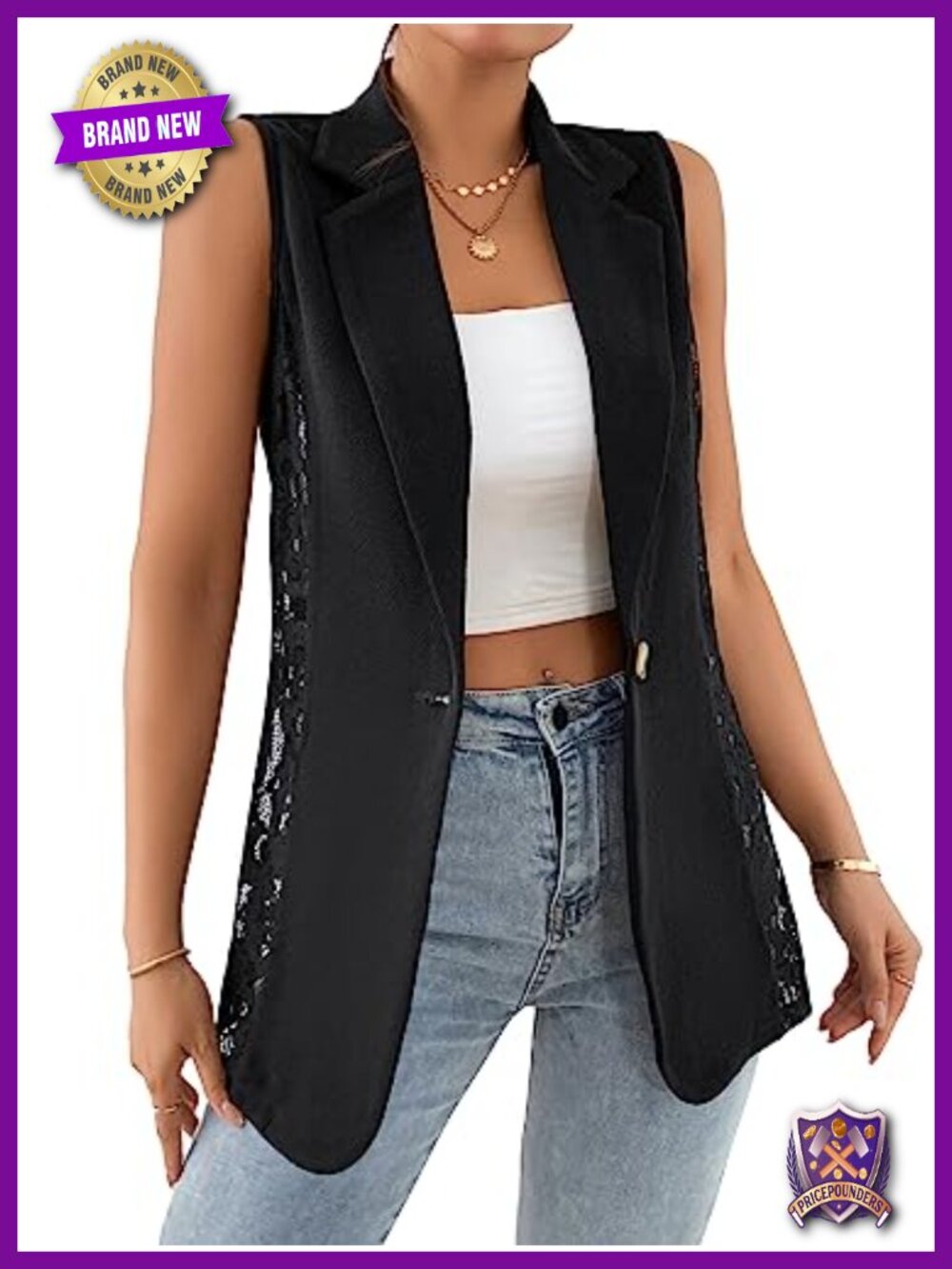 Sleeveless Lace Blazer Vest Single Button Lapel Business Casual